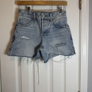 Express Women's Boyfriend Midi Mid-Rise Button-Fly Jean Shorts Size 00 Blue Cut